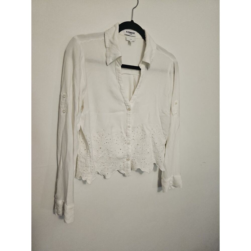 Express Portofino Large‎ Blouse White Eyelet Crochet Long Sleeve Slim